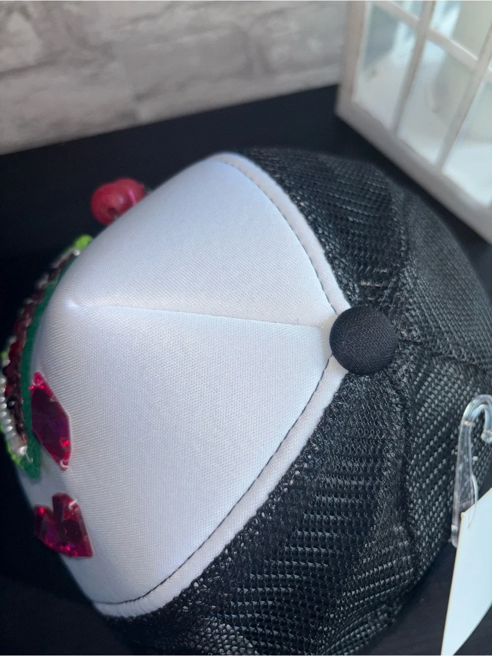 Black & White Trucker Hat w/Handmade, Pink Bead & Green Sequin Watermelon Accent